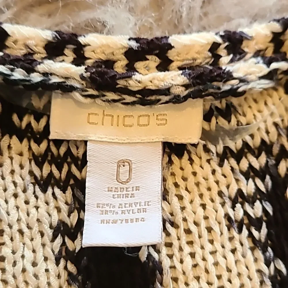 Chicos acrylic blend white and black fringe open cardigan size 0 - Picture 2 of 4